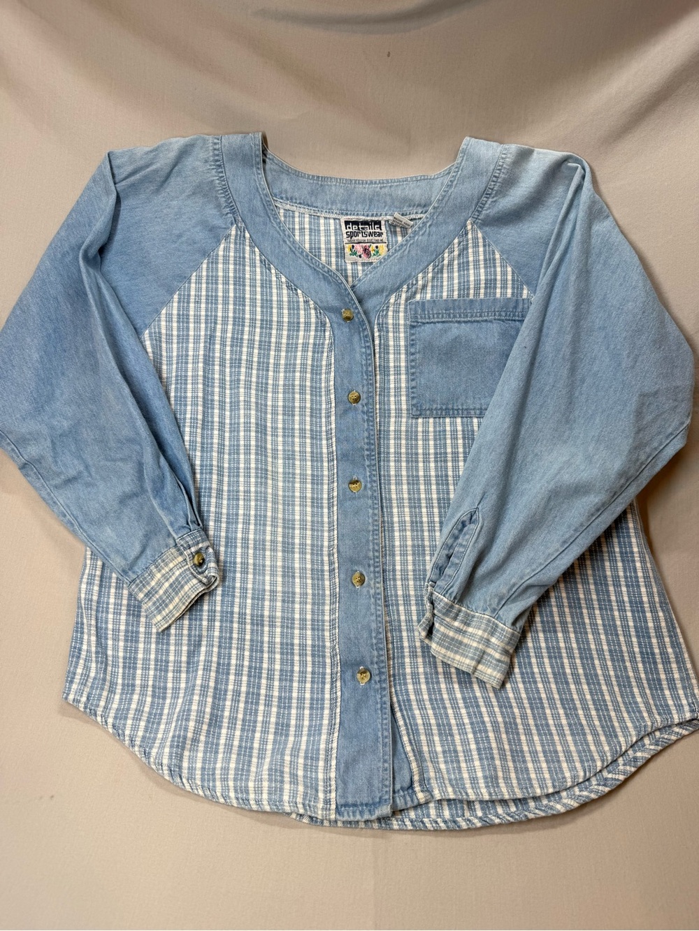 Vintage Light Blue Striped womans Button Front Top -details Sportswear